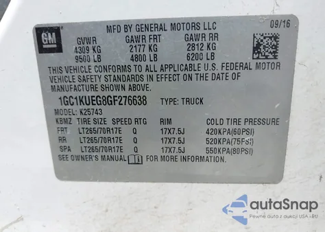 2016 Chevrolet Silverado 2500Hd Wt from USA, damaged, VIN 1GC1KUEG8GF276638